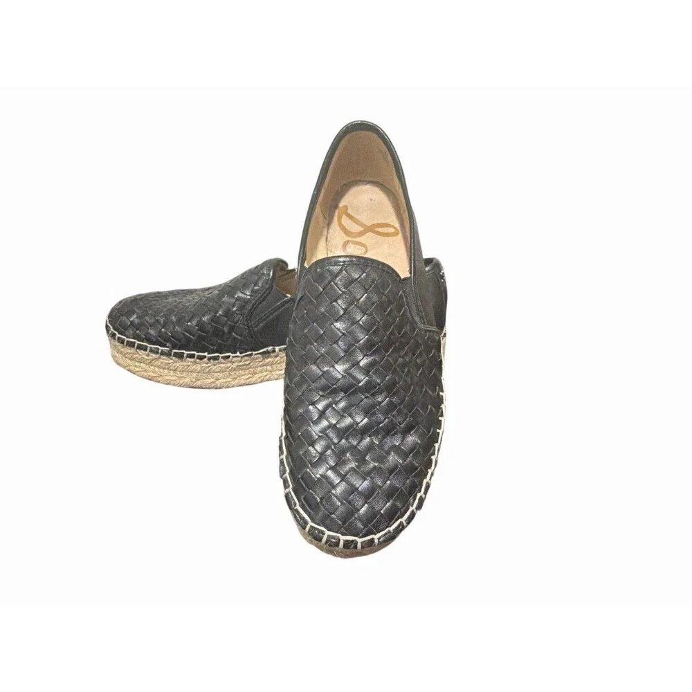 Sam Edelman Espadrilles Flats‎ 8 M Black Woven Leather Slip On Platform Shoes